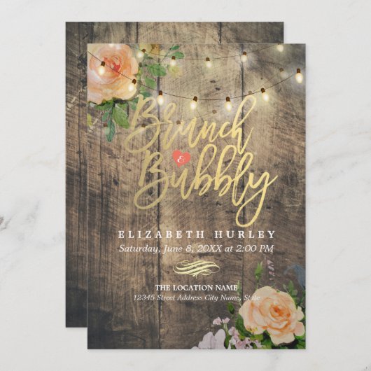 Brunch Bubbly Brautparty Floral String Lights Einladung (Vorne/Hinten)