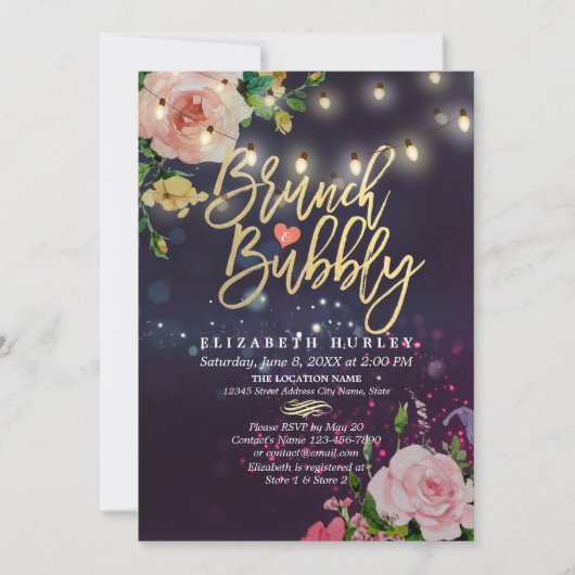 Brunch & Bubbly Brautparty Floral String Lights Einladung (Vorderseite)