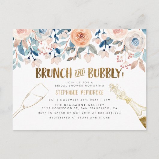 Brunch & Bubbly | Brautparty für Gold und Wasserfa Einladungspostkarte (Vorderseite)