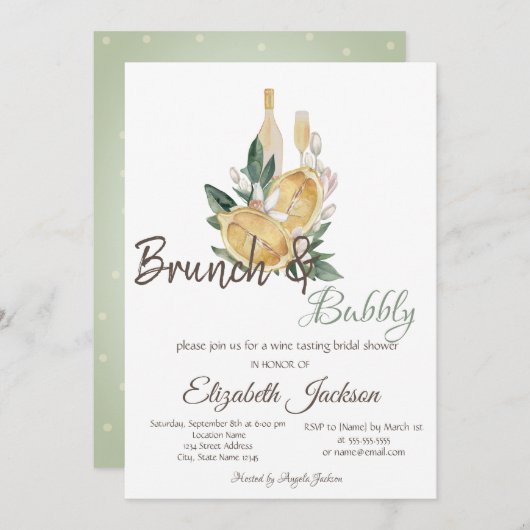 Brunch & Bubbly-Brautparty für Wasserfarben-Lemons Einladung (Vorne/Hinten)