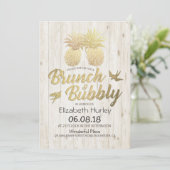 Brunch & Bubbly Brautparty Gold Ananas Holz Einladung (Stehend Vorderseite)