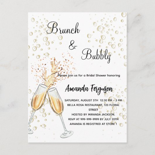 Brunch Bubbly Brautparty Gold glamourös Einladungspostkarte (Vorderseite)