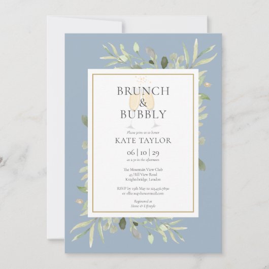 Brunch Bubbly Brautparty Greenery Dusty Blue Einladung (Vorderseite)