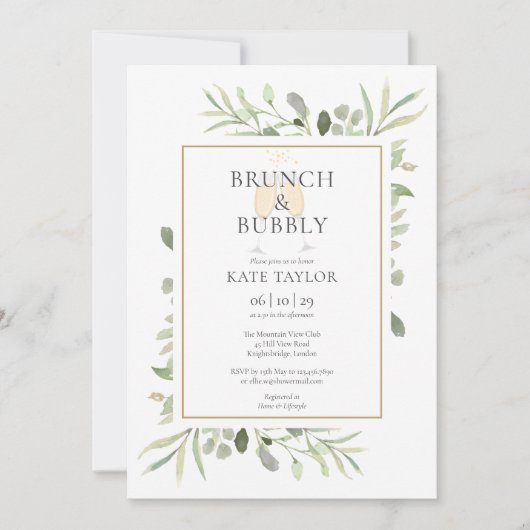 Brunch Bubbly Brautparty Greenery Einladung (Vorderseite)