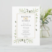 Brunch Bubbly Brautparty Greenery Einladung (Stehend Vorderseite)