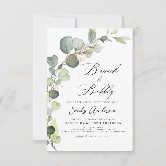 Brunch & Bubbly Brautparty Grüne Eukalyptus Einladung (Vorderseite)