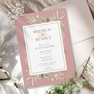 Brunch Bubbly Brautparty Grüne Pflanzen Staubrose Einladung