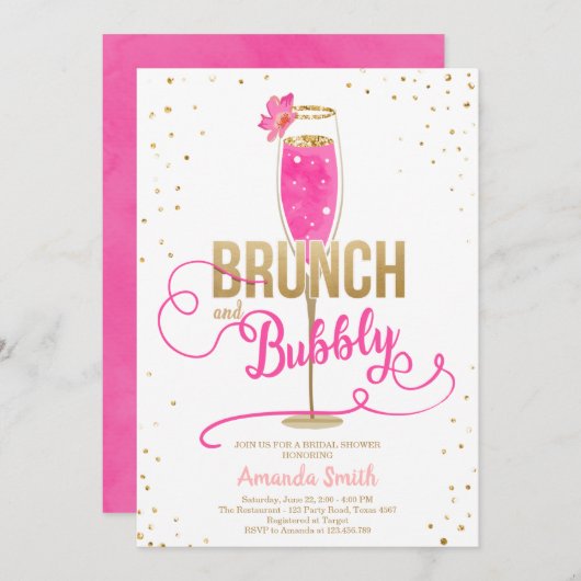 Brunch & Bubbly Brautparty Hot Pink Champagne Einladung (Vorne/Hinten)