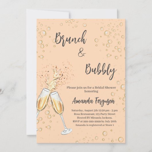 Brunch Bubbly Brautparty Juckreiz Pfirsich Einladung (Vorderseite)