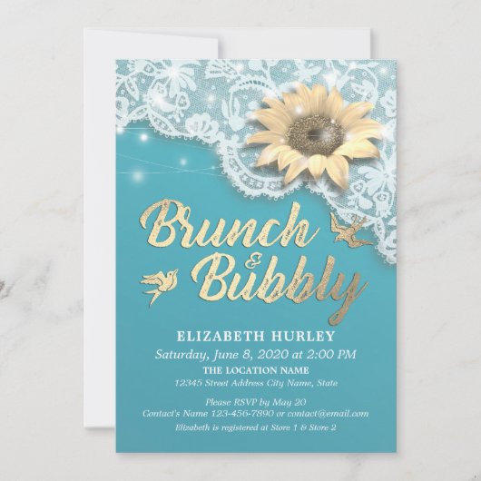 Brunch Bubbly Brautparty Lace Sunflower Lights Einladung (Vorderseite)