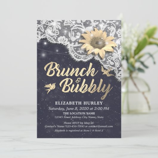 Brunch Bubbly Brautparty Lace Sunflower Lights Einladung (Stehend Vorderseite)