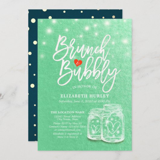 Brunch & Bubbly Brautparty Mason Jar Green Gold Einladung (Vorne/Hinten)