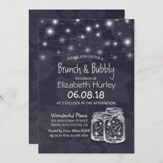 Brunch Bubbly Brautparty Mason Jar String Light Einladung (Vorne/Hinten)