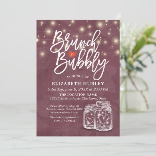 Brunch Bubbly Brautparty Mason Jar String Light Einladung (Stehend Vorderseite)