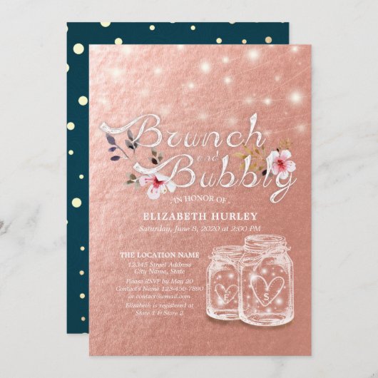 Brunch & Bubbly Brautparty Mason Jars Rose Gold Einladung (Vorne/Hinten)