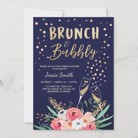 Brunch & Bubbly Brautparty Pink Gold Champagne Einladung (Vorderseite)