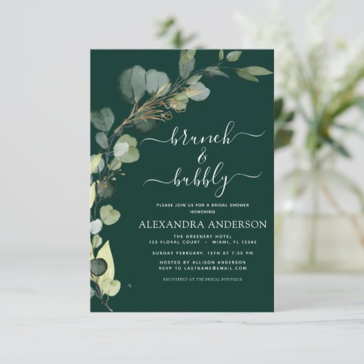 Brunch & Bubbly Brautparty QR Code Eukalyptus Einladung (Stehend Vorderseite)