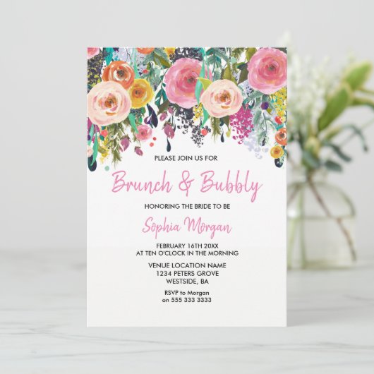 Brunch & Bubbly Brautparty Rosa Blütenladen Einladung (Stehend Vorderseite)
