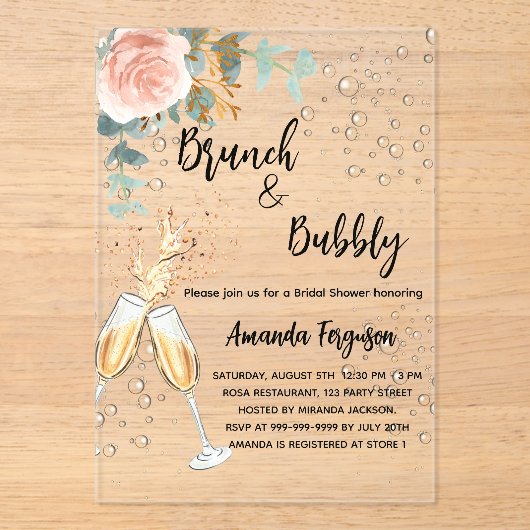 Brunch Bubbly Brautparty Rose Acryleinladungen (Vorderseite)