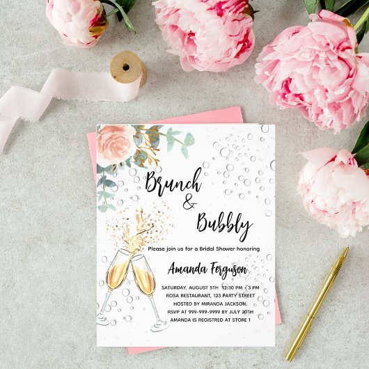 Brunch Bubbly Brautparty Rose Einladung Flyer