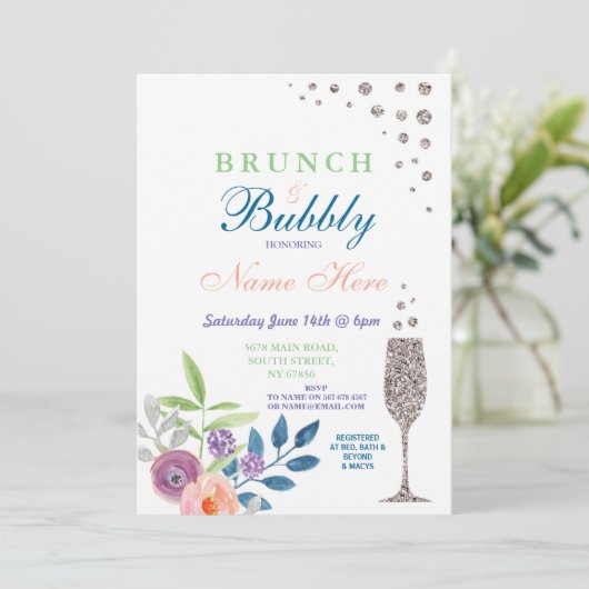 Brunch & Bubbly Brautparty Silver Floral Einladung (Stehend Vorderseite)