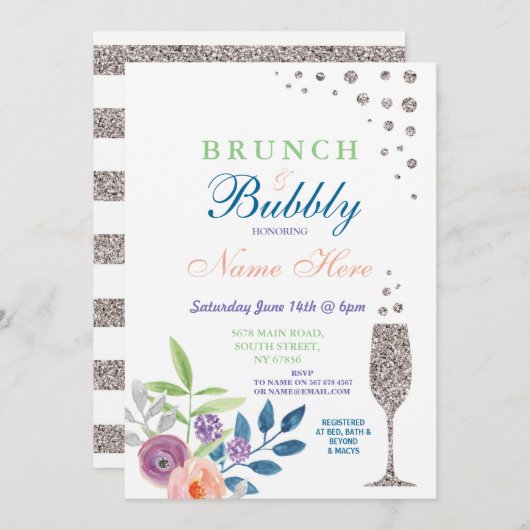 Brunch & Bubbly Brautparty Silver Floral Einladung (Vorne/Hinten)