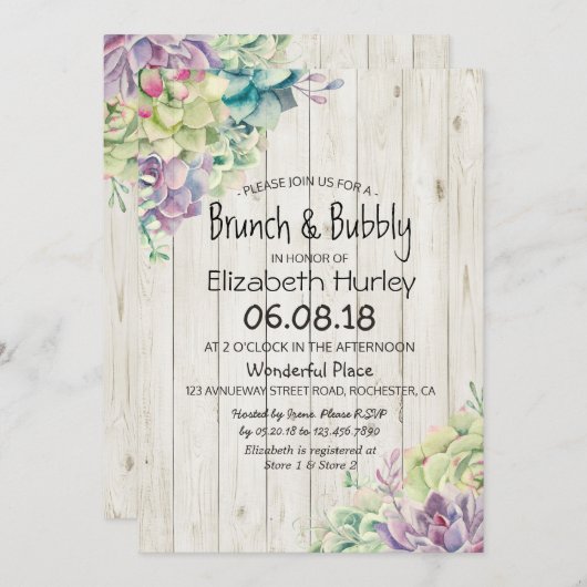 Brunch Bubbly Brautparty Sukkulent Rustikales Holz Einladung (Vorne/Hinten)
