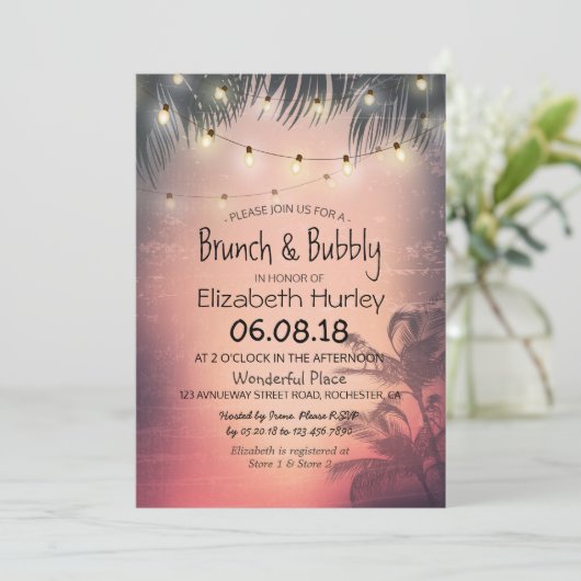Brunch Bubbly Brautparty Summer Palm Tree Light Einladung (Stehend Vorderseite)