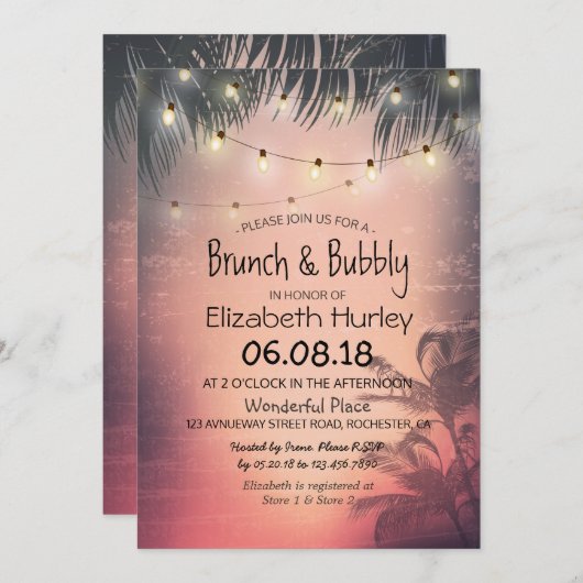 Brunch Bubbly Brautparty Summer Palm Tree Light Einladung (Vorne/Hinten)