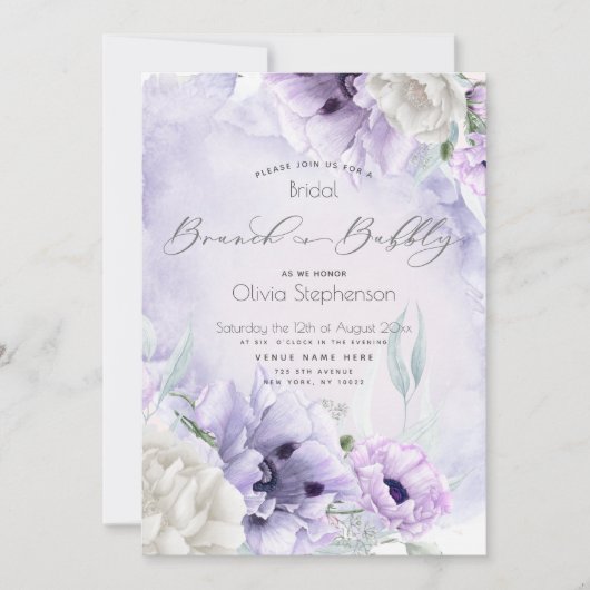Brunch Bubbly Brautparty Watercolor Lilac Poppy Einladung (Vorderseite)