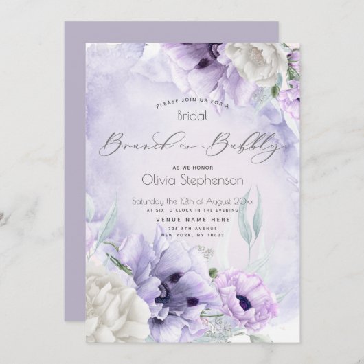 Brunch Bubbly Brautparty Watercolor Lilac Poppy Einladung (Vorne/Hinten)