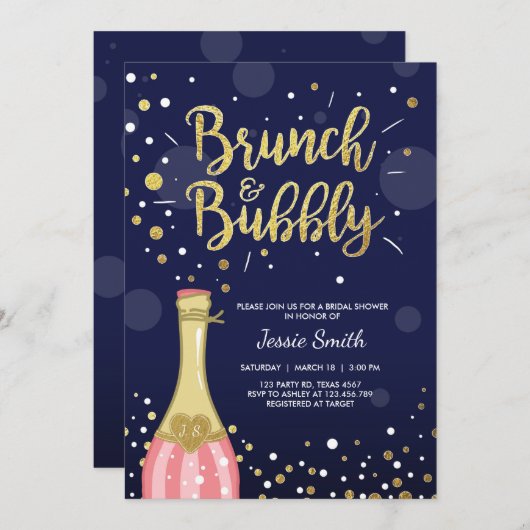 Brunch & Bubbly Bridal Dusche Einladung Navy Gold (Vorne/Hinten)