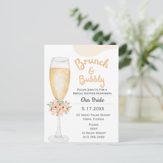 Brunch & Bubbly Bridal Dusche Einladung Postkarte (Stehend Vorderseite)