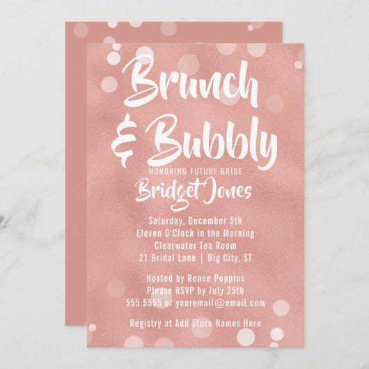 Brunch & Bubbly Bridal Dusche Einladung Rose Gold (Vorne/Hinten)