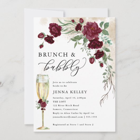 Brunch & Bubbly Burgund Rose Vine, Brautparty Einladung (Vorderseite)