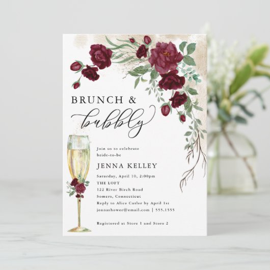 Brunch & Bubbly Burgund Rose Vine, Brautparty Einladung (Stehend Vorderseite)