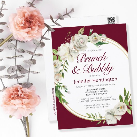 Brunch & Bubbly Burgundy Floral Brautparty Postkarte