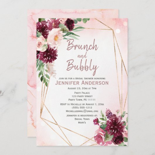 Brunch & Bubbly Burgundy Rose Brautparty Einladung (Vorne/Hinten)