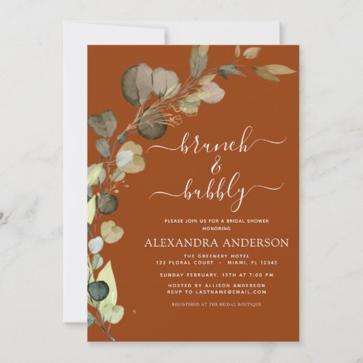 Brunch & Bubbly Burnt Orange Brautparty Einladung (Vorderseite)