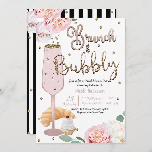 Brunch & Bubbly Champagne Croissant Brautparty Einladung (Vorne/Hinten)