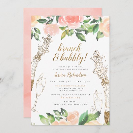 Brunch & Bubbly | Champagne Floral Brautparty Einladung (Vorne/Hinten)