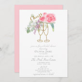 Brunch Bubbly Cheke Pink Gold Rose Brautparty Einladung (Vorne/Hinten)