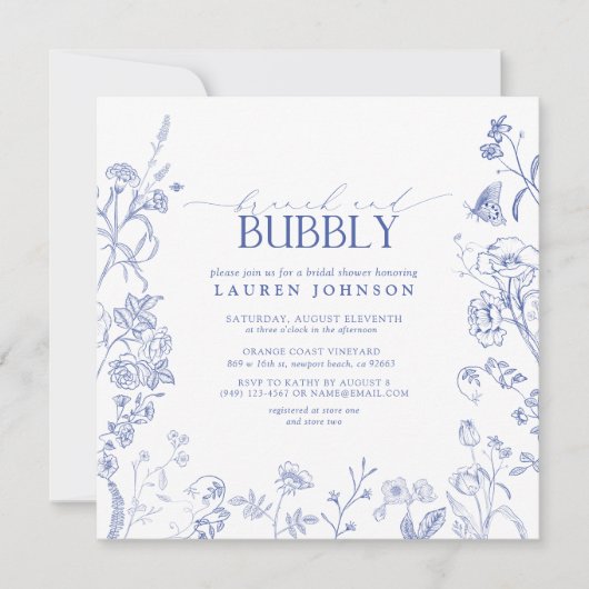 Brunch & Bubbly Dusche mit blauer und weißer Blume Einladung (Vorderseite)