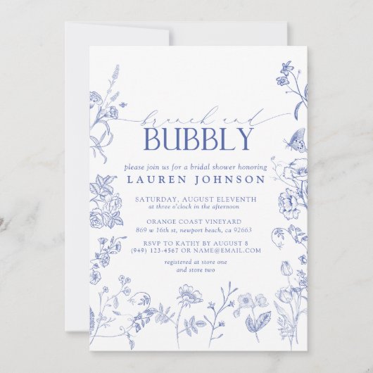 Brunch & Bubbly Dusche mit blauer und weißer Blume Einladung (Vorderseite)