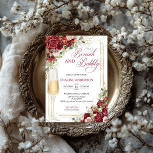 Brunch & Bubbly Eleganter Roter Rosen Brautbad Einladung