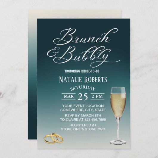 Brunch & Bubbly Elegantes Aquamarines Ombre Brautp Einladung (Vorne/Hinten)