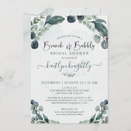 Brunch & Bubbly Eukalyptus Brautparty Einladung (Vorne/Hinten)