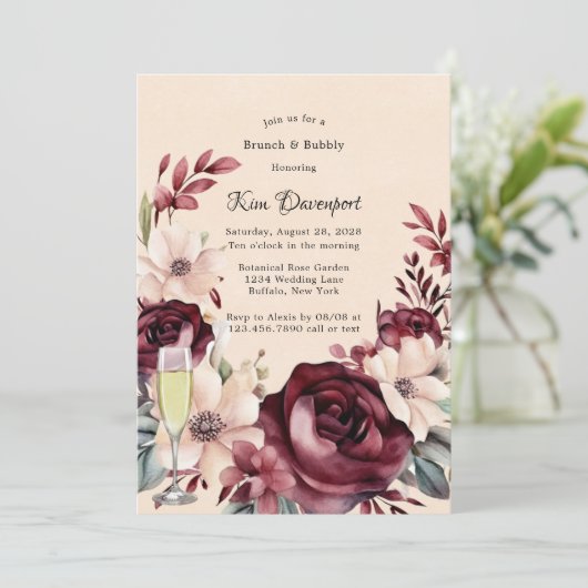 Brunch & Bubbly für Burgunder und Creme-Rose Einladung (Stehend Vorderseite)
