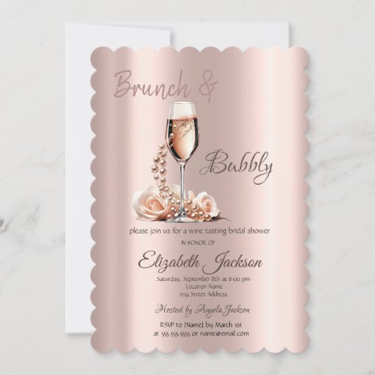 Brunch & Bubbly Glass Pearls Rose Brautparty Einladung (Vorderseite)
