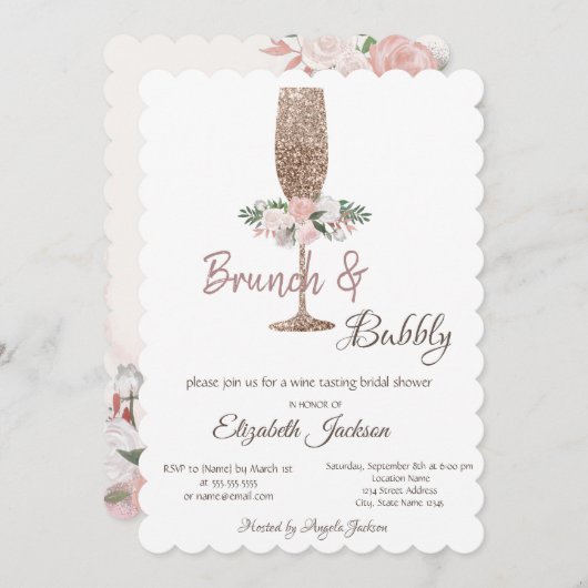 Brunch & Bubbly Glitzer Brautparty Einladung (Vorne/Hinten)